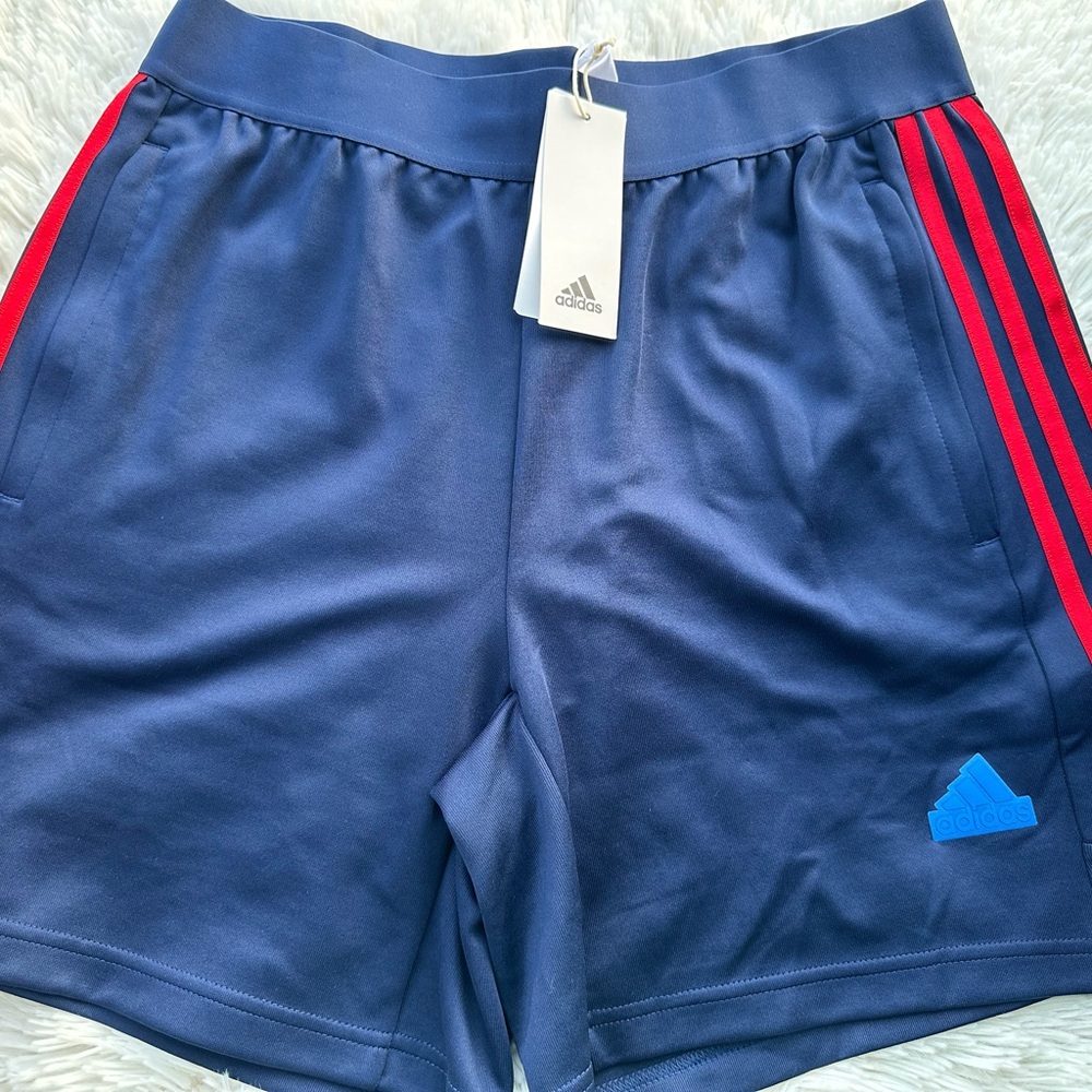 Adidas Men's Blue Shorts with Red Stripes New